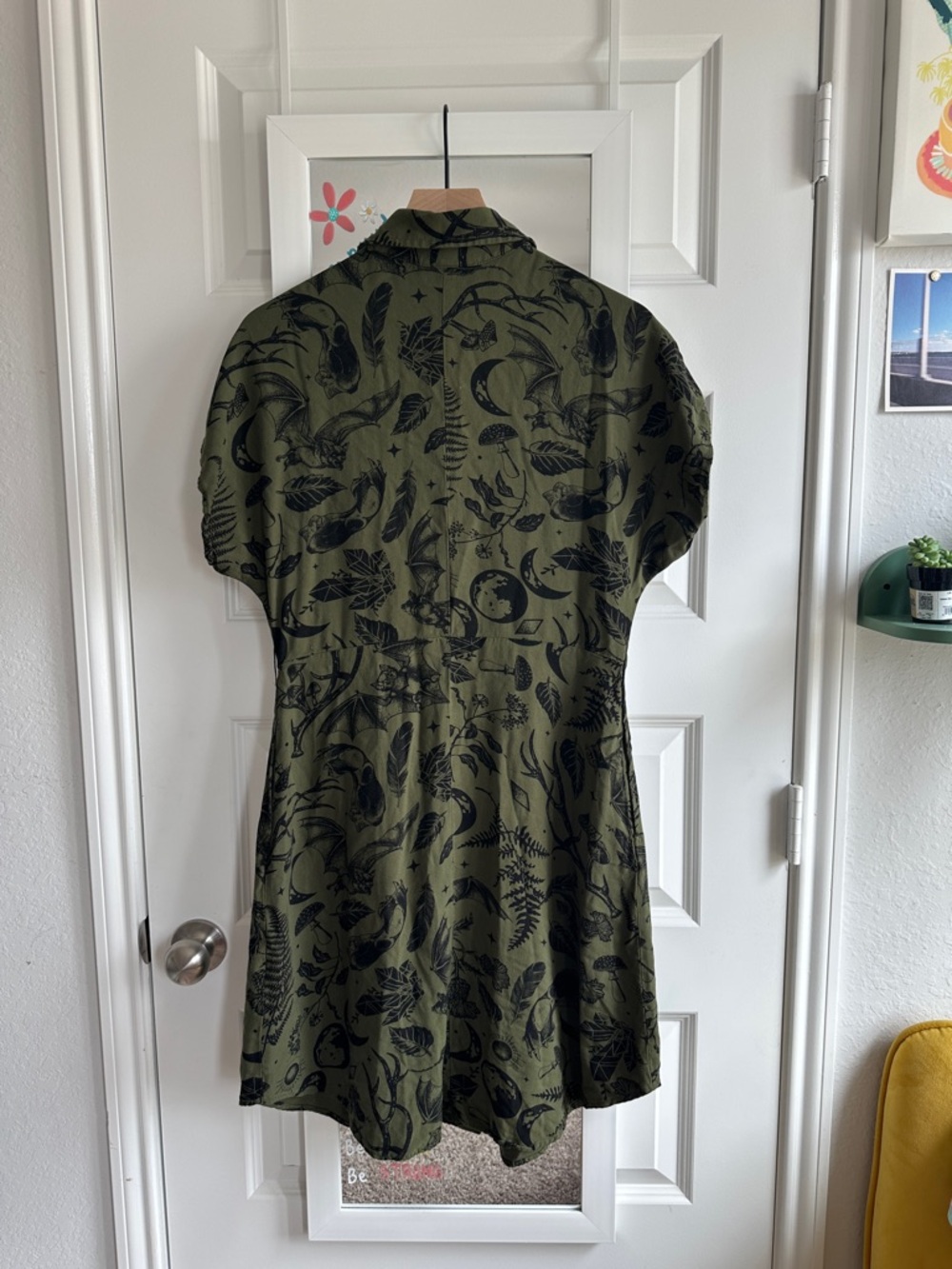 Crescent Moon Olive Green Button-Front Shirt Dress by Midnight Hour - Picture 8 of 9